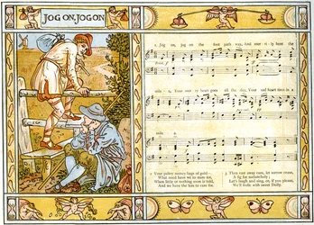 &39;Jog On, Jog On&39;, ilustração da música de &39;Pan-Pipes&39;, Um livro de canções antigas, recém arranjado e com acompanhamentos de Theo. Marzials, publicado em Londres por George Routledge und Sons, 1884